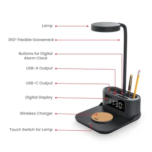 Desk Lamp with 15W Wireless Charger, Clock and Pen Holder - Image 6